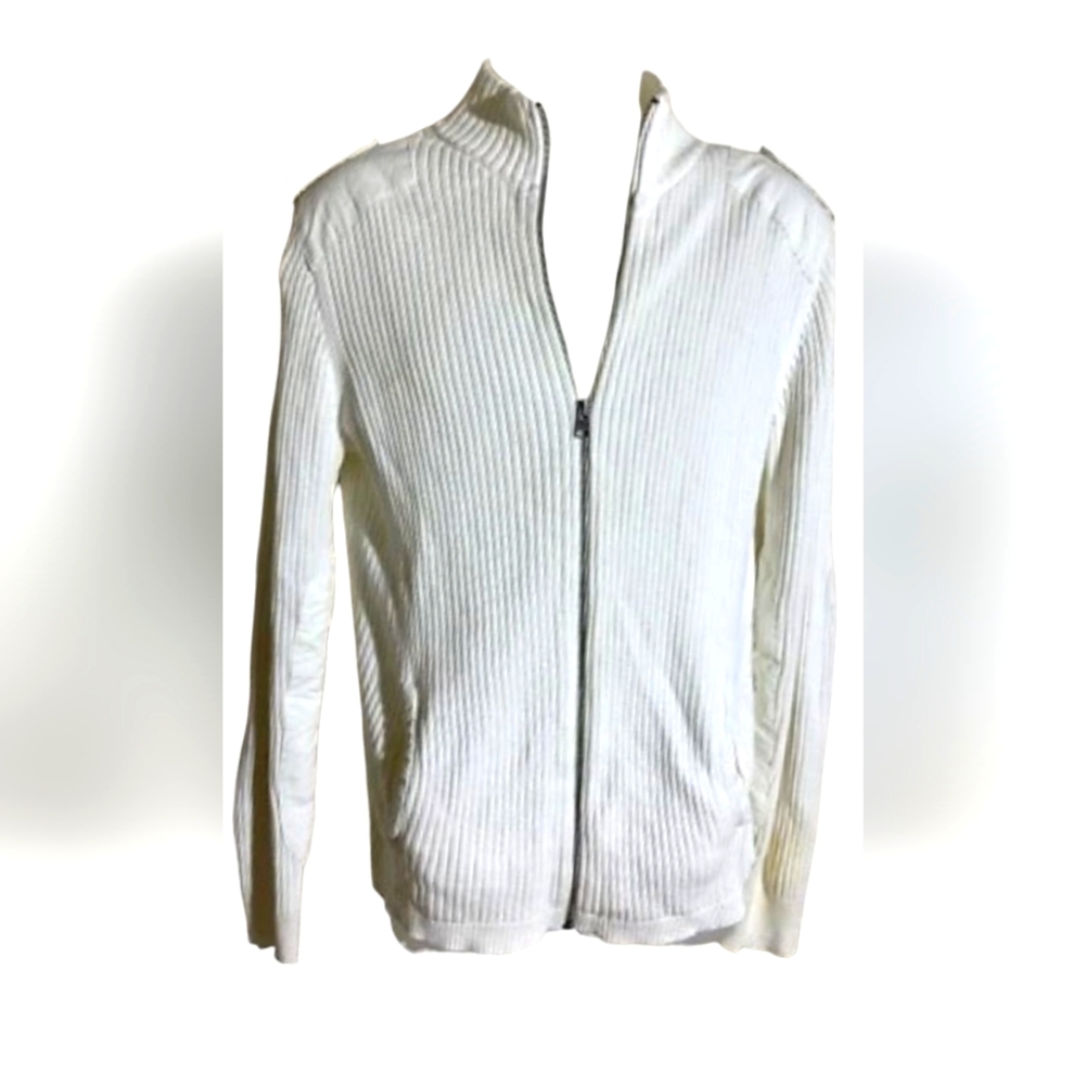 Express Men's White Ribbed Zip Up Cotton Sweater - Large